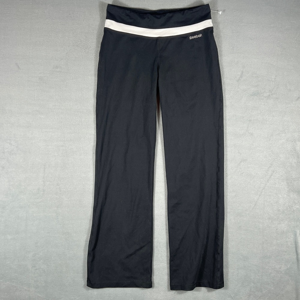 Reebok Womens Yoga Pants M/M Black White Contrast Waistband Bootcut Flare Leg